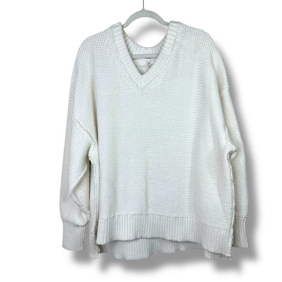 Free People NWOT Alli Optic White Heavy Chunky V-Neck Oversized Slouchy Sweater - Picture 3 of 9